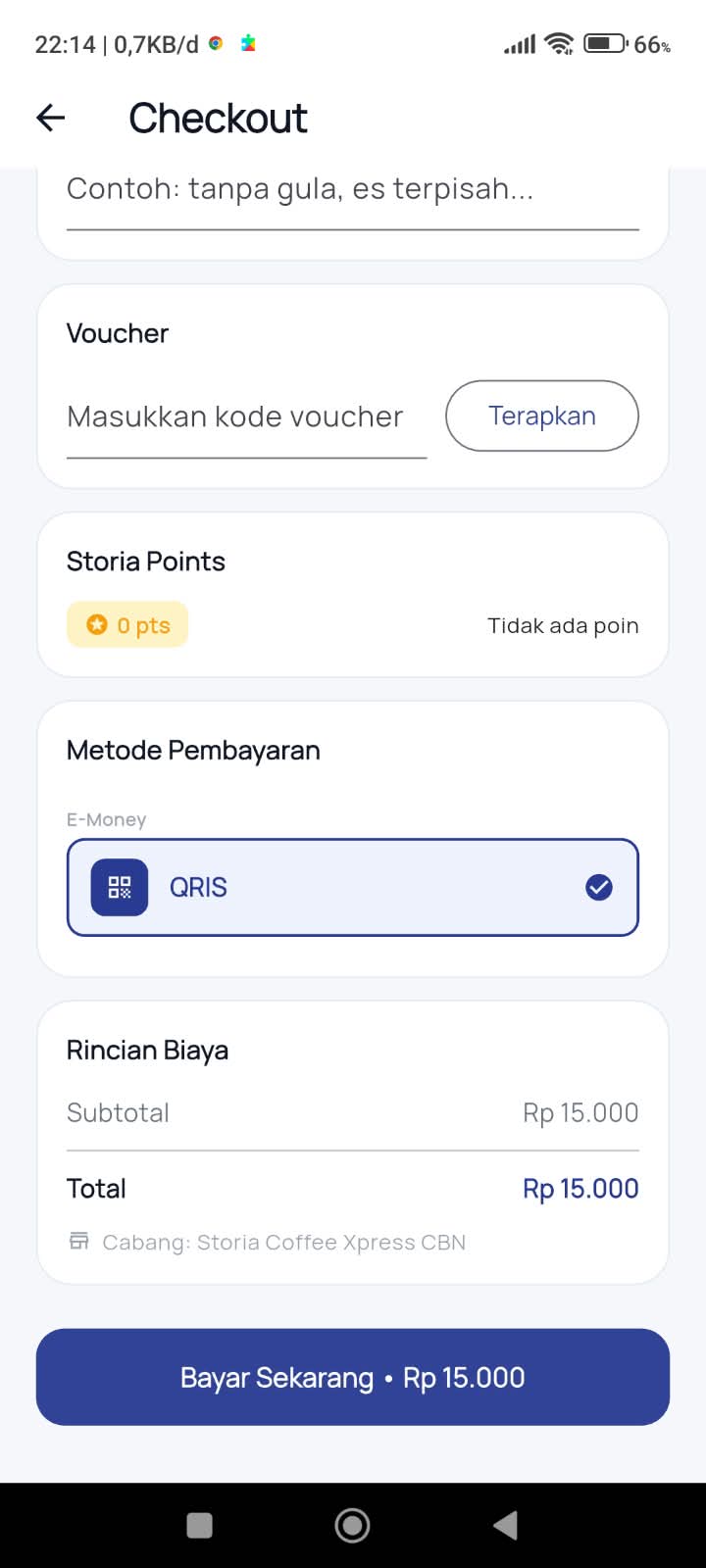 Halaman checkout aplikasi Storia Club