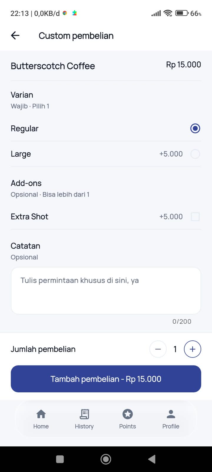 Halaman kustomisasi pesanan aplikasi Storia Club