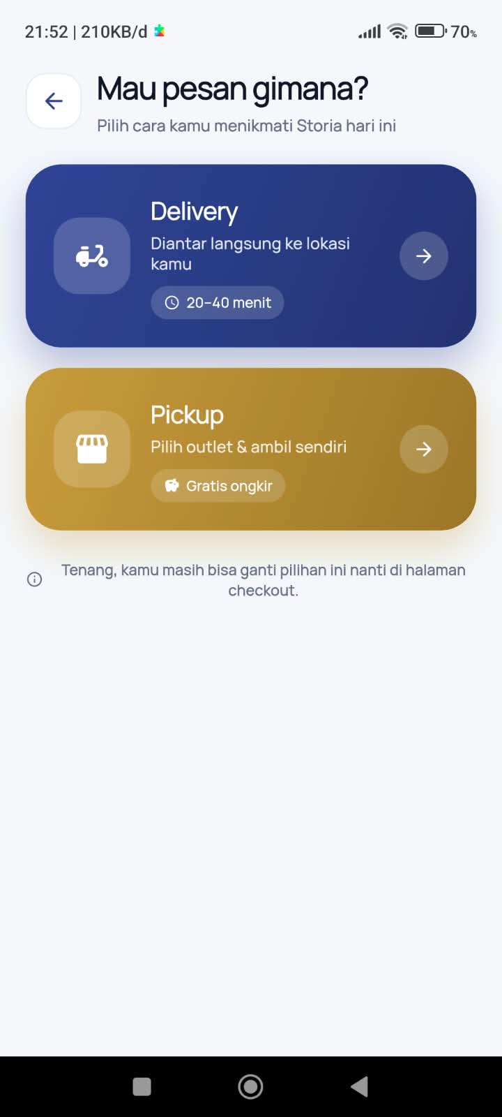 Pilihan metode pemesanan aplikasi Storia Club