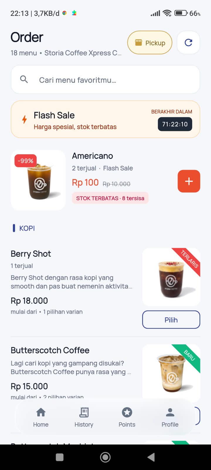 Halaman menu aplikasi Storia Club